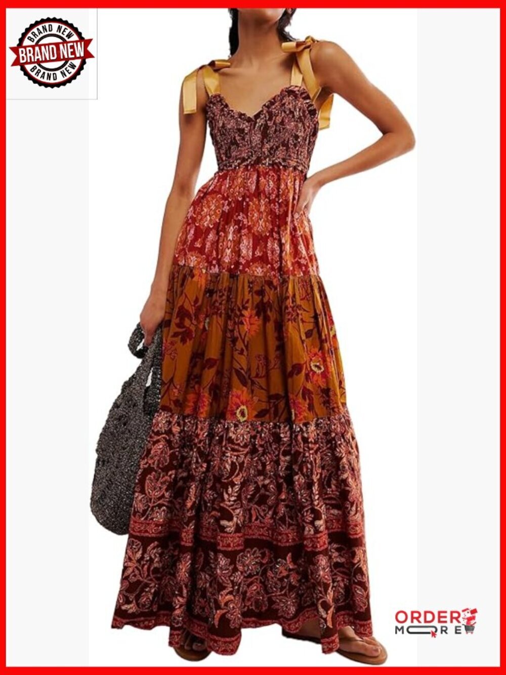 Smocked Flowy Maxi Dress with Pockets Boho Patchwork Tie Shoulder